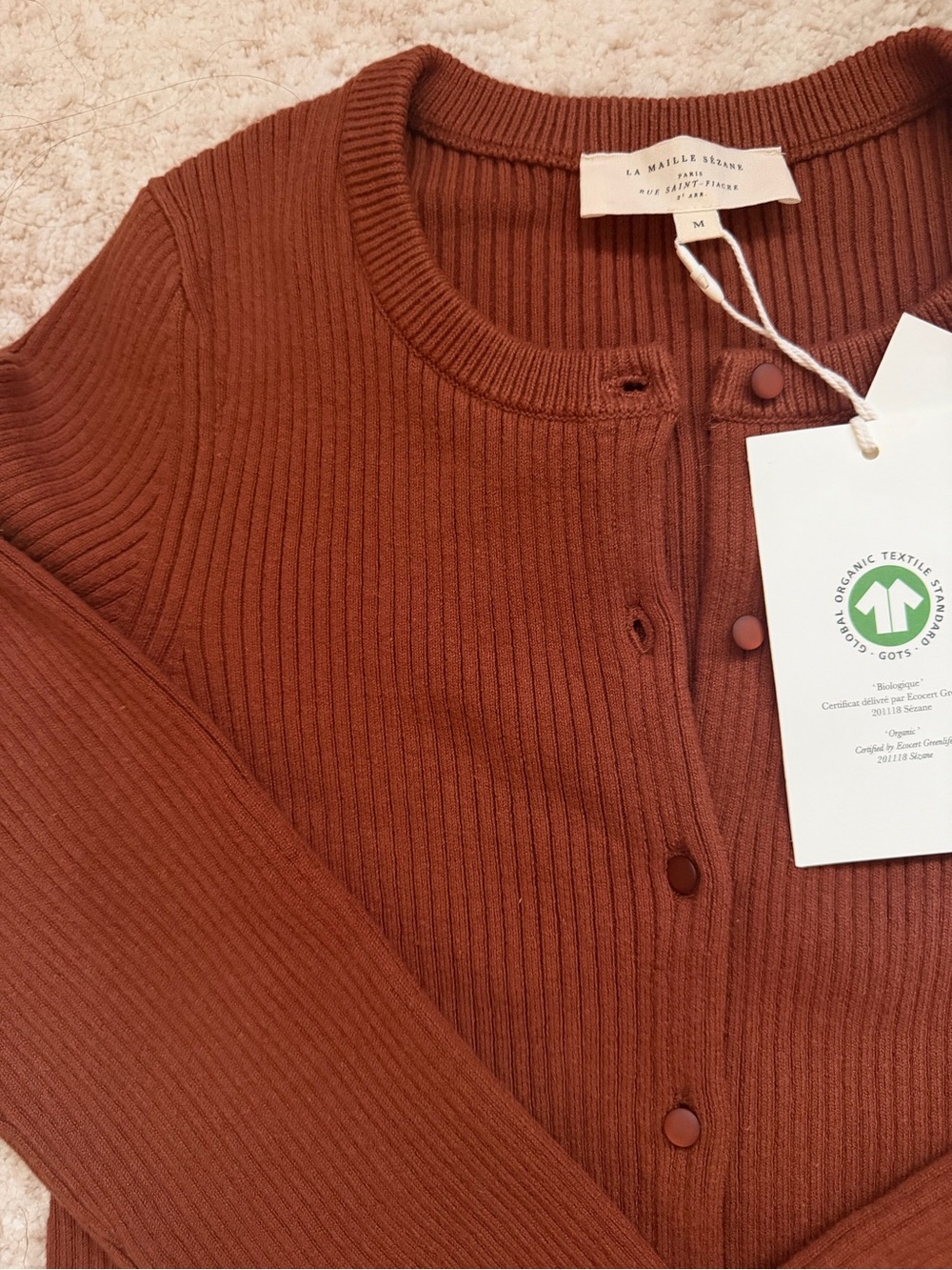 Sezane Ribbed Cropped Cardigan in Rust - Picture 7 of 12